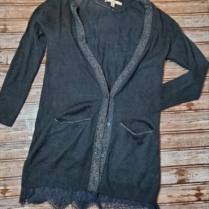 Lauren Conrad Navy Soft Long Cardigan with Lace Bottom Medium